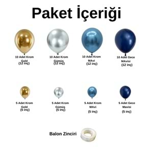 Balon Seti Krom Gold-Krom Gümüş-Krom Mavi-Gece Mavisi 60 Lı Balon Zinciri Seti