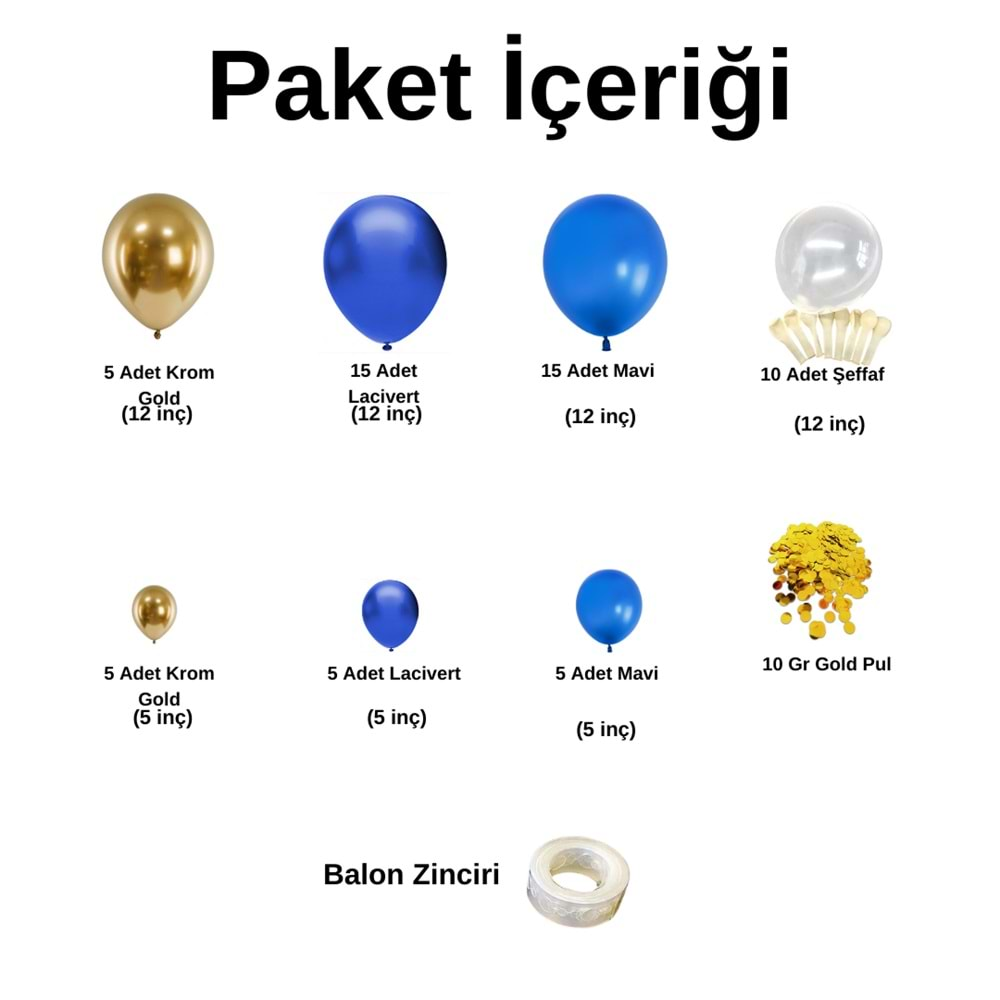 Balon Seti Krom Gold-Lacivert-Pastel Mavi-Şeffaf 60 Lı Balon Zinciri Seti + 10GrBalonPulu