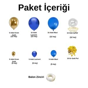 Balon Seti Krom Gold-Lacivert-Pastel Mavi-Şeffaf 60 Lı Balon Zinciri Seti + 10GrBalonPulu