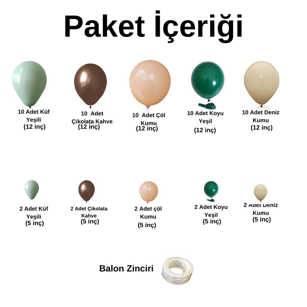 Zincir Balon Seti Küf Yeşili-Çikolata Kahve-Çöl Kumu-Koyu Yeşil-Deniz Kumu 60Adet+Balon Şeridi