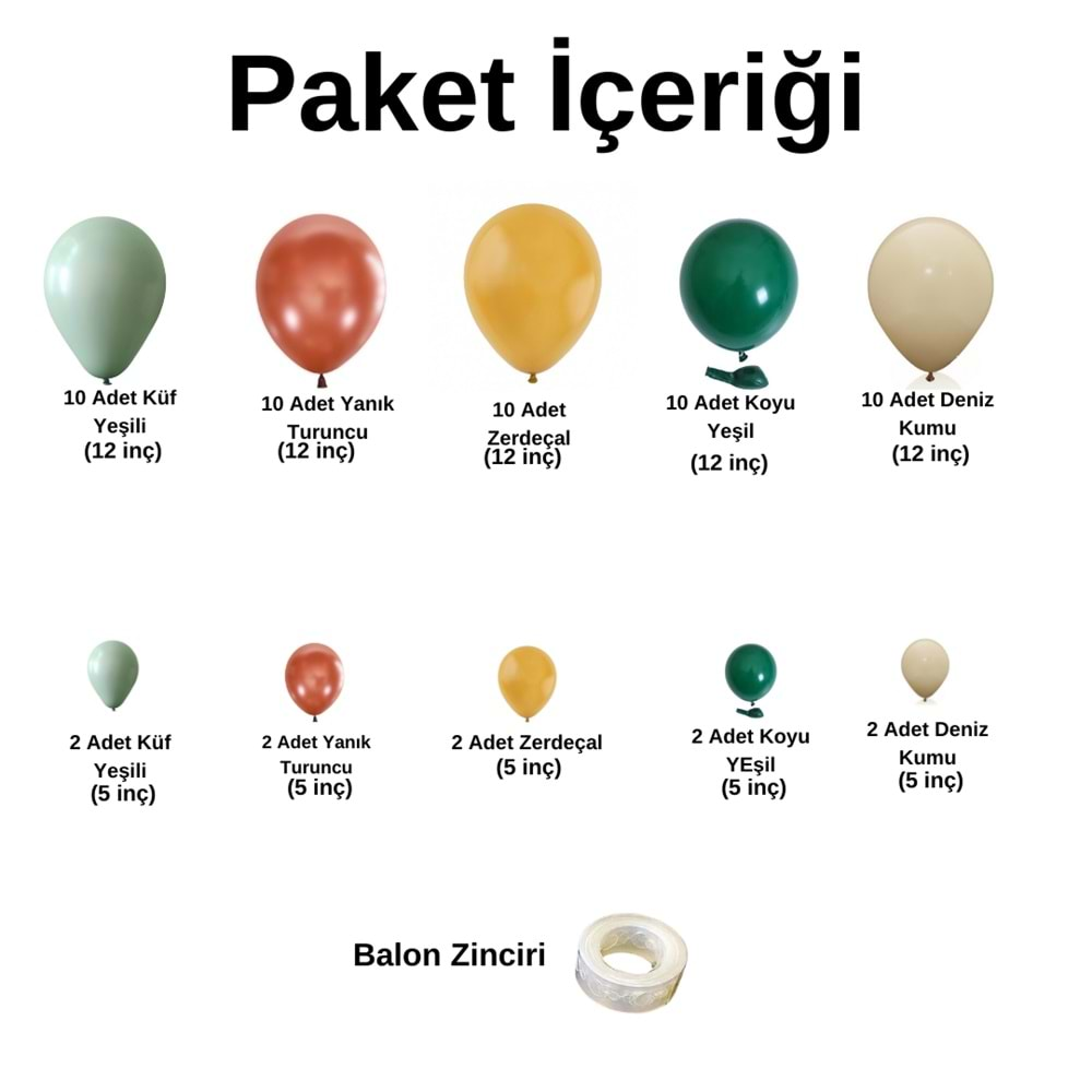 Balon Seti Küf Yeşili-Yanık Turuncu-Zerdeçal-Koyu Yeşil-Deniz Kumu 60 Lı Balon Zinciri Seti