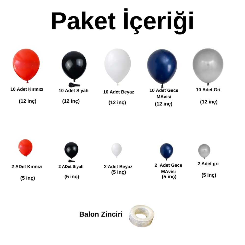 Zincir Balon Seti Kırmızı-Siyah-Beyaz-Gece Mavisi-Gri Pastel 5 Renk 60 Adet +BalonŞeridi