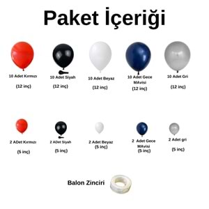 Balon Seti Kırmızı-Siyah-Beyaz-Gece Mavisi-Gri Pastel 60 Lı Balon Zinciri Seti