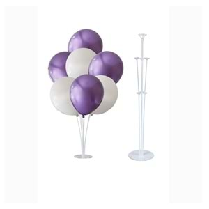 10 lu Krom Mor-Beyaz Balonlu Stand Set + 1 Adet Balon Standı