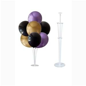 10 lu Siyah-Krom Gold-Krom Mor Balonlu Stand Set + 1 Adet Balon Standı