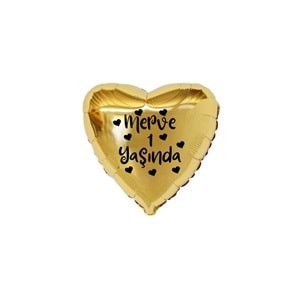 18 inç Gold Renk Kişiye Özel Yaşında Yazılı Kalp Figürlü Kalp Folyo Balon