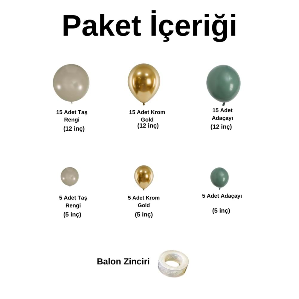 Balon Seti Krom Gold-Deniz Kumu-Okaliptus 60 Lı Balon Zinciri Seti