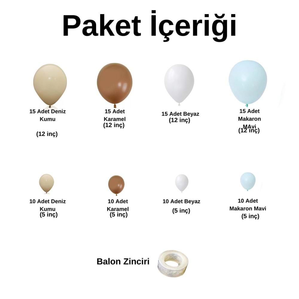 Balon Seti Deniz Kumu-Beyaz-Karamel-Makaron Mavi 100 Lü Balon Zinciri Seti