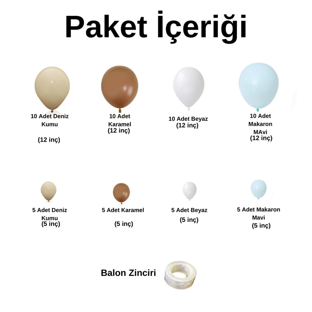 Balon Seti Deniz Kumu-Beyaz-Karamel-Makaron Mavi 60 Lı Balon Zinciri Seti