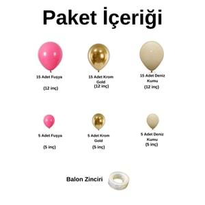 Balon Seti Fuşya-Krom Gold-Deniz Kumu 60 Lı Balon Zinciri Seti