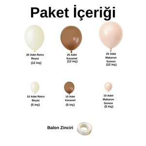 Balon Seti Karamel-Retro Beyaz-Makaron Somon 100 Lü Balon Zinciri Seti