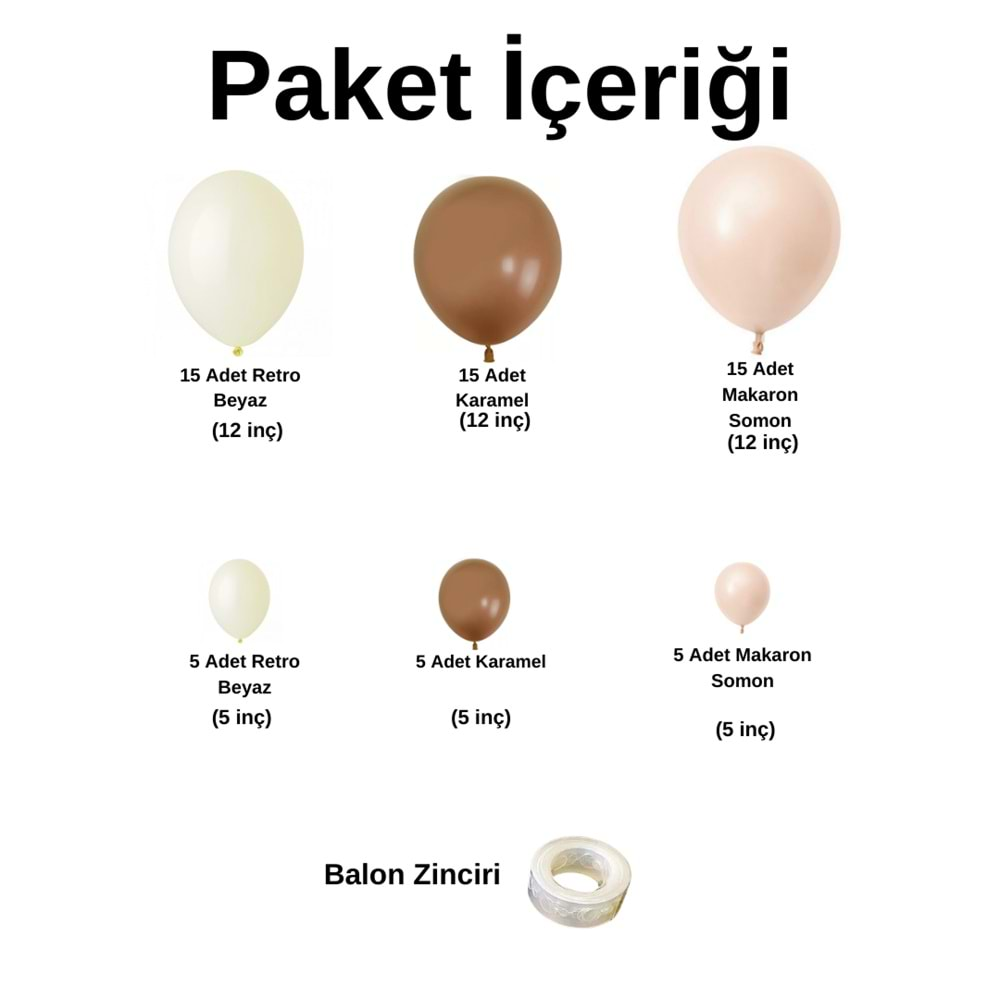 Balon Seti Karamel-Retro Beyaz-Makaron Somon 60 Lı Balon Zinciri Seti