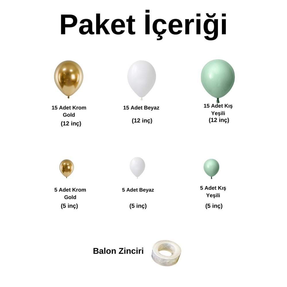 Balon Seti Kış Yeşili-Beyaz-Krom Gold 60 Lı Balon Zinciri Seti