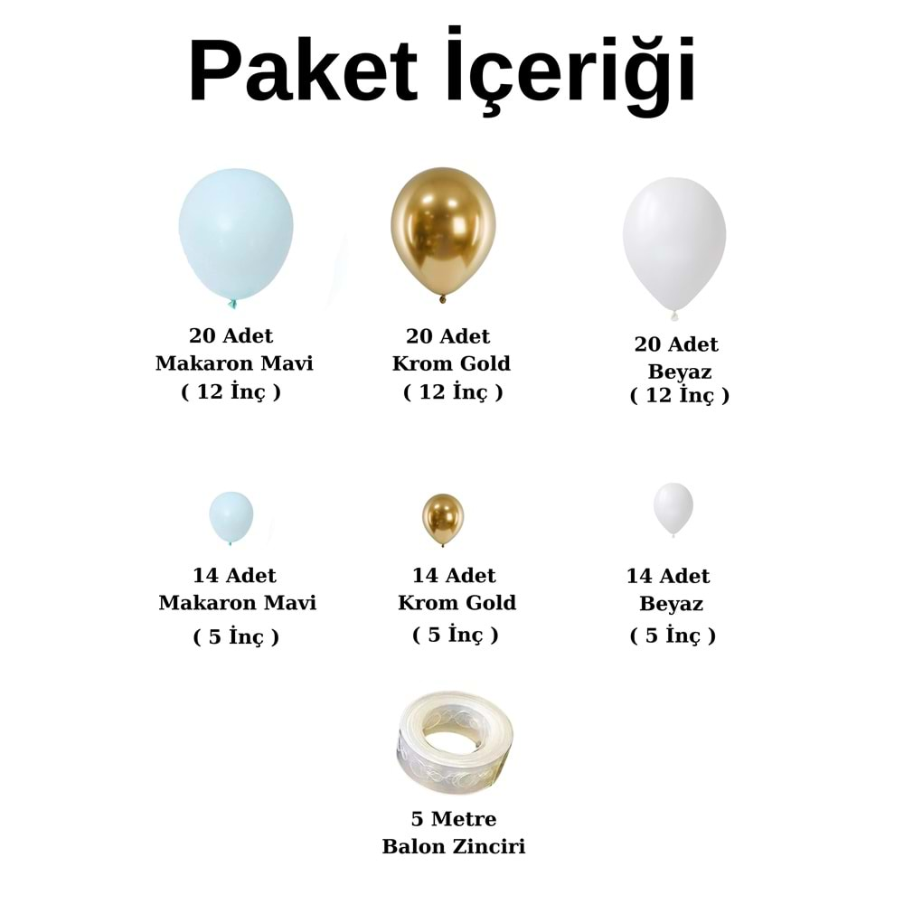 Balon Seti Makaron Mavi-Beyaz-Krom Gold 100 Lü Balon Zinciri Seti