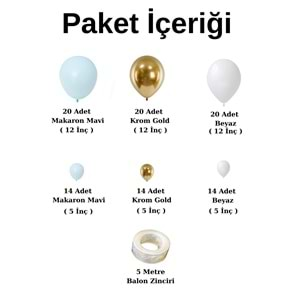 Balon Seti Makaron Mavi-Beyaz-Krom Gold 100 Lü Balon Zinciri Seti