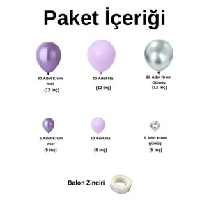 Balon Seti Krom Mor-Lila-Krom Gümüş 100 Lü Balon Zinciri Seti