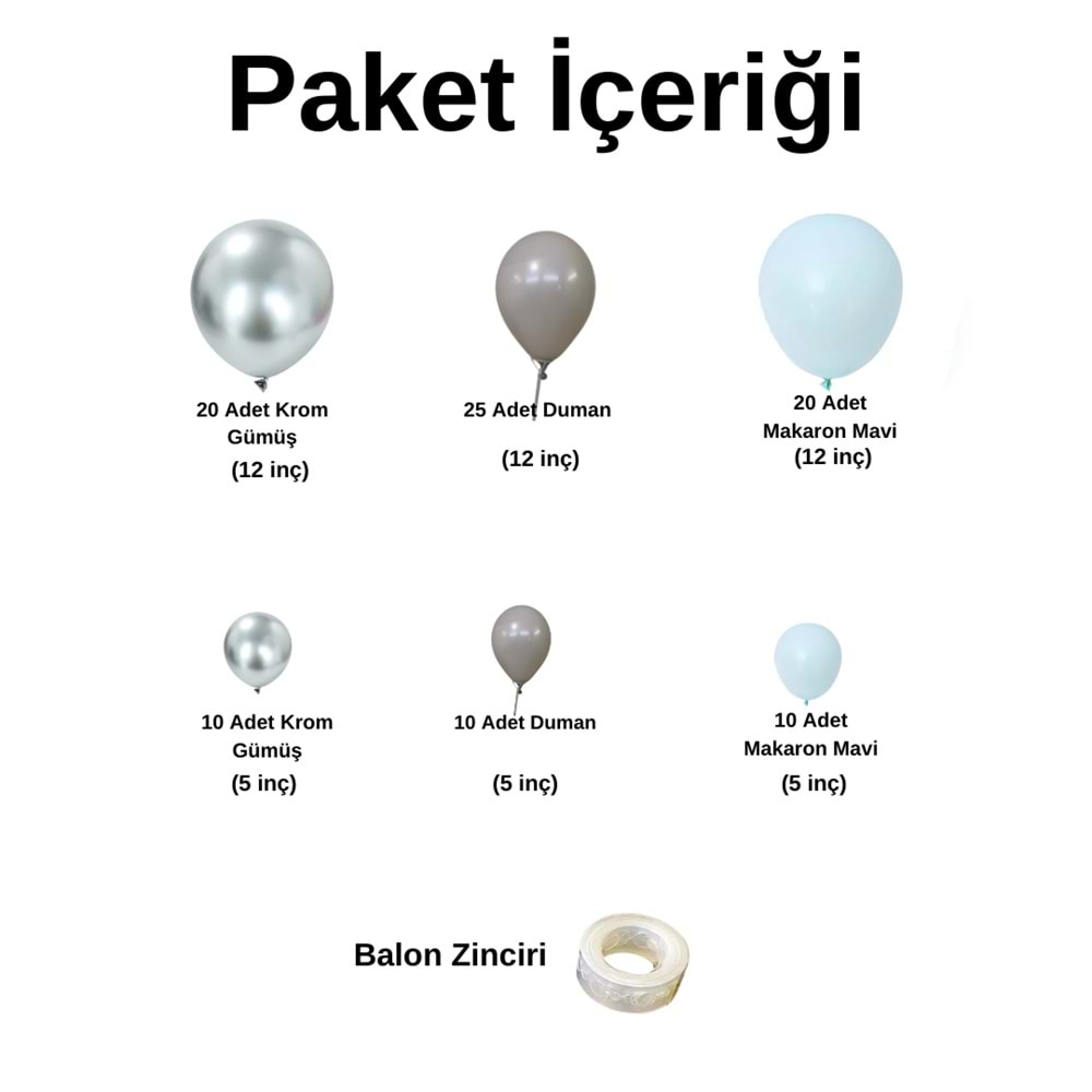 Balon Seti Krom Gümüş-Duman-Makaron Mavi 100 Lü Balon Zinciri Seti