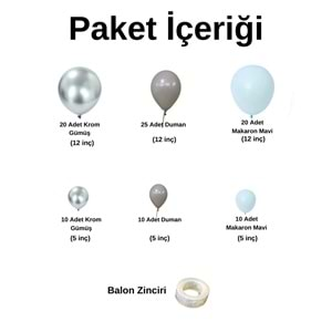 Balon Seti Krom Gümüş-Duman-Makaron Mavi 100 Lü Balon Zinciri Seti