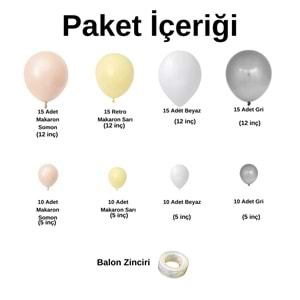 Balon Seti Makaron Somon-Makaron Sarı-Beyaz-Duman 100 Lü Balon Zinciri Seti