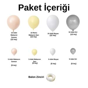 Balon Seti Makaron Somon-Makaron Sarı-Beyaz-Gri 60 Lı Balon Zinciri Seti