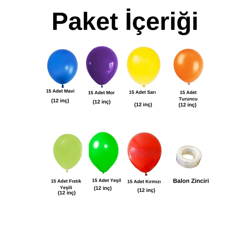 Balon Seti Mor-Mavi-Fıstık Yeşili-Yeşil-Turuncu-Kırmızı-Sarı 100 Lü Balon Zinciri Seti