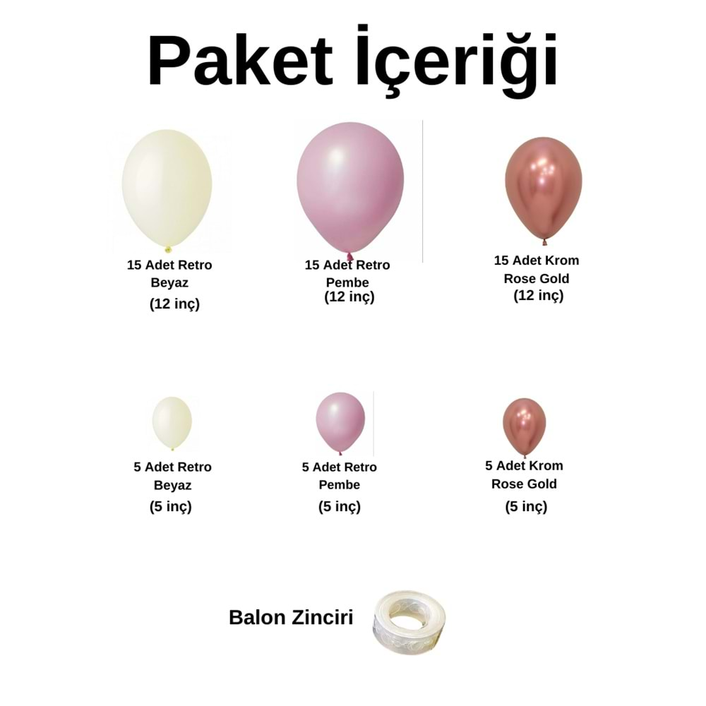 Balon Seti Retro Beyaz-Retro Pembe-Krom Rose Gold 60 Lı Balon Zinciri Seti