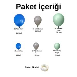 Balon Seti Mavi-Retro Beyaz-Kış Yeşili 100 Lü Balon Zinciri Seti