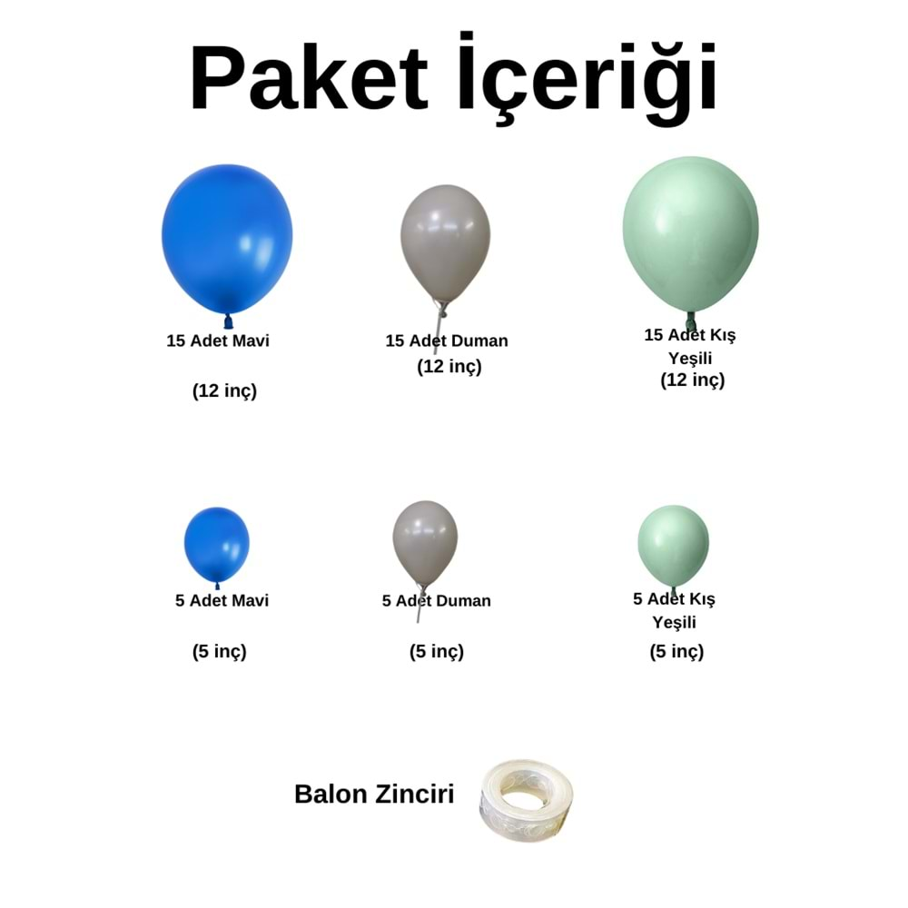 Balon Seti Mavi-Retro Beyaz-Kış Yeşili 60 Lı Balon Zinciri Seti