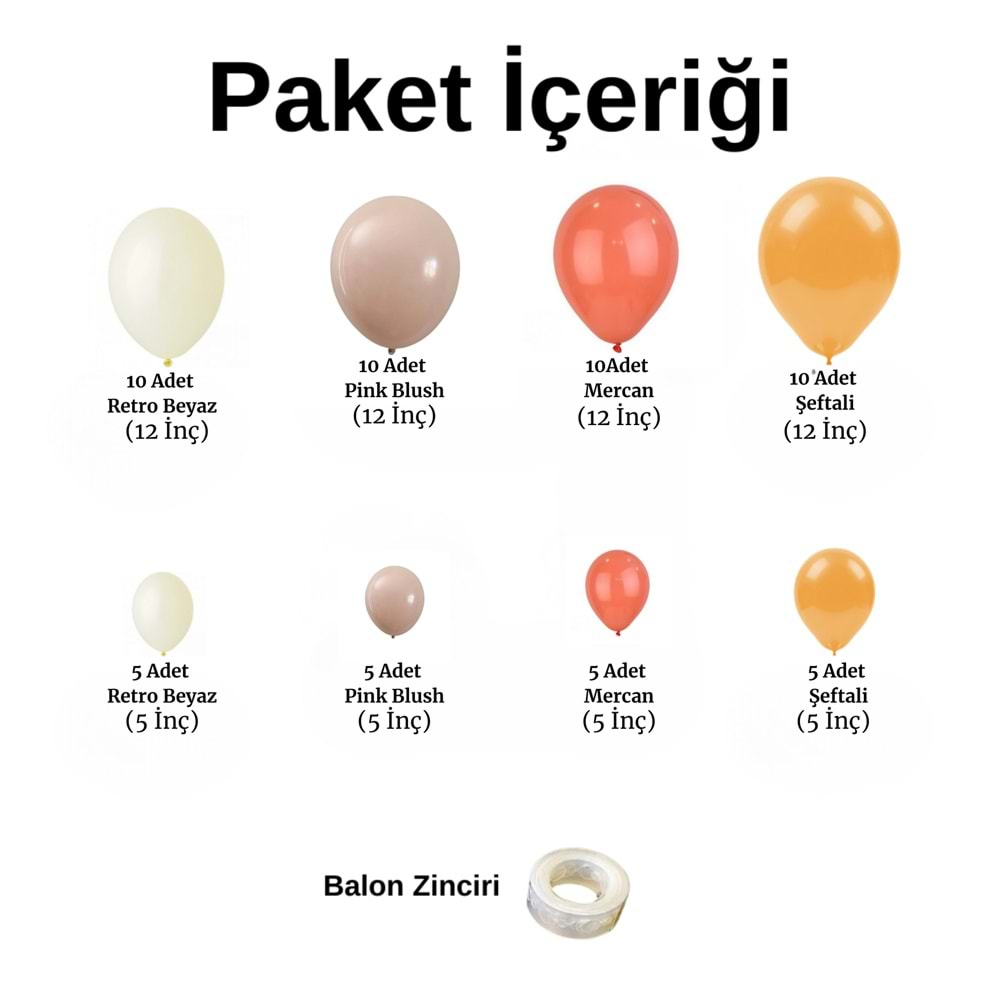 Balon Seti Retro Beyaz-Pink Blush-Mercan-Şeftali 60 Lı Balon Zinciri Seti