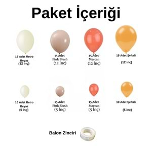 Balon Seti Retro Beyaz-Pink Blush-Mercan-Şeftali 100 Lü Balon Zinciri Seti