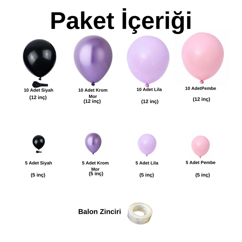 Balon Seti Siyah-Krom Mor-Lila-Pembe 60 Lı Balon Zinciri Seti