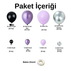 Balon Seti Siyah-Krom Mor-Lila-Krom Gümüş 60 Lı Balon Zinciri Seti