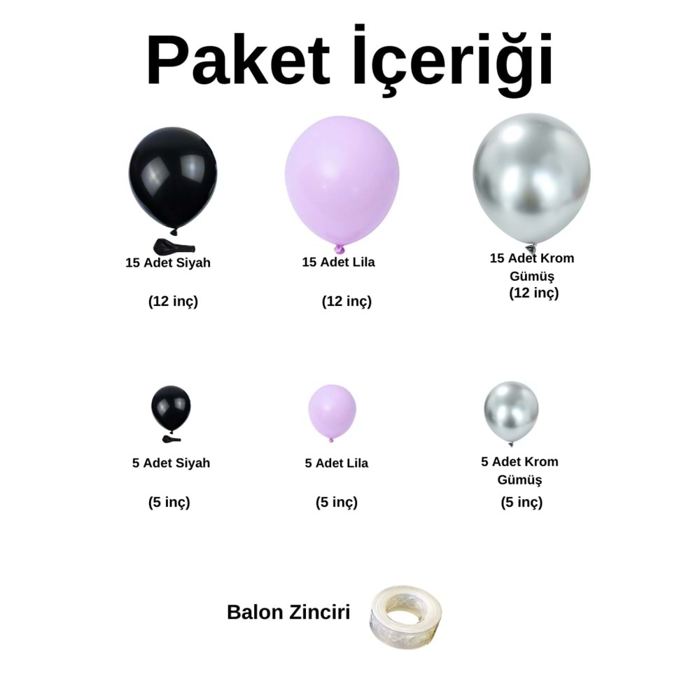 Balon Seti Siyah-Krom Gümüş-Lila 60 Lı Balon Zinciri Seti