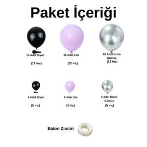 Balon Seti Siyah-Krom Gümüş-Lila 60 Lı Balon Zinciri Seti