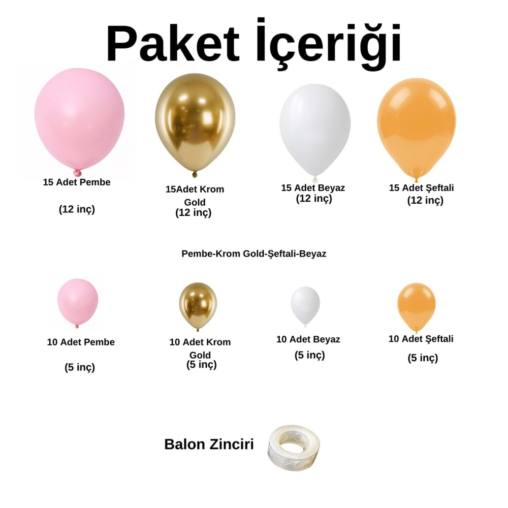 Balon Seti Şeker Pembe-Krom Gold-Şeftali-Beyaz 100 Lü Balon Zinciri Seti