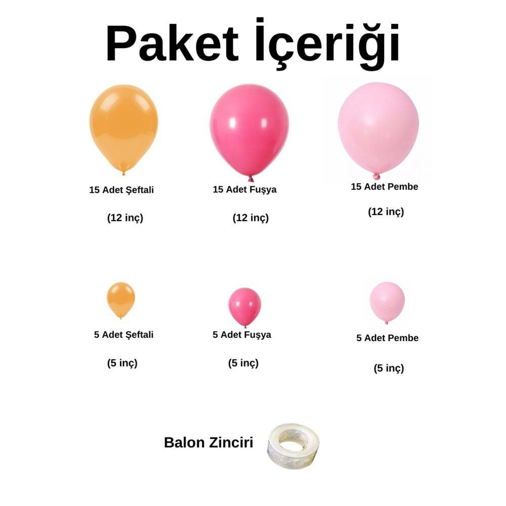 Balon Seti Şeftali-Fuşya-Makaron Pembe 60 Lı Balon Zinciri Seti