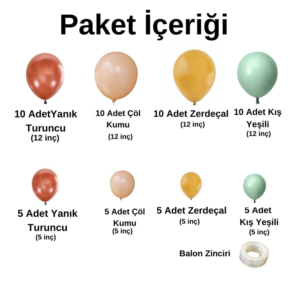 Balon Seti Yanık Turuncu-Çöl Kumu-Zerdeçal-Kış Yeşili 60 Lı Balon Zinciri Seti