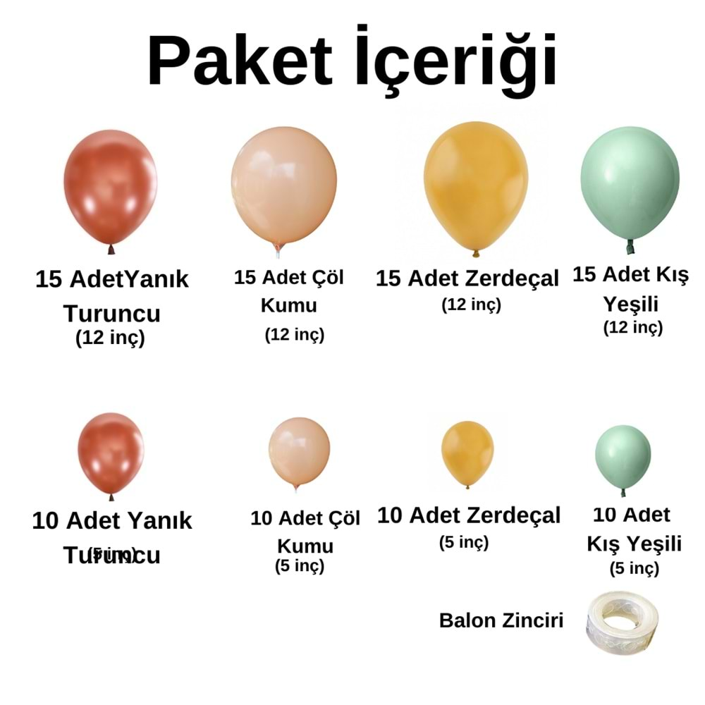 Balon Seti Yanık Turuncu-Çöl Kumu-Zerdeçal-Kış Yeşili 100 Lü Balon Zinciri Seti