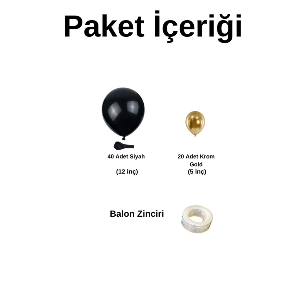 Balon Seti Pastel Siyah Krom Gold 60 Lı Balon Zinciri Seti