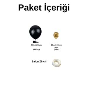 Balon Seti Pastel Siyah Krom Gold 60 Lı Balon Zinciri Seti