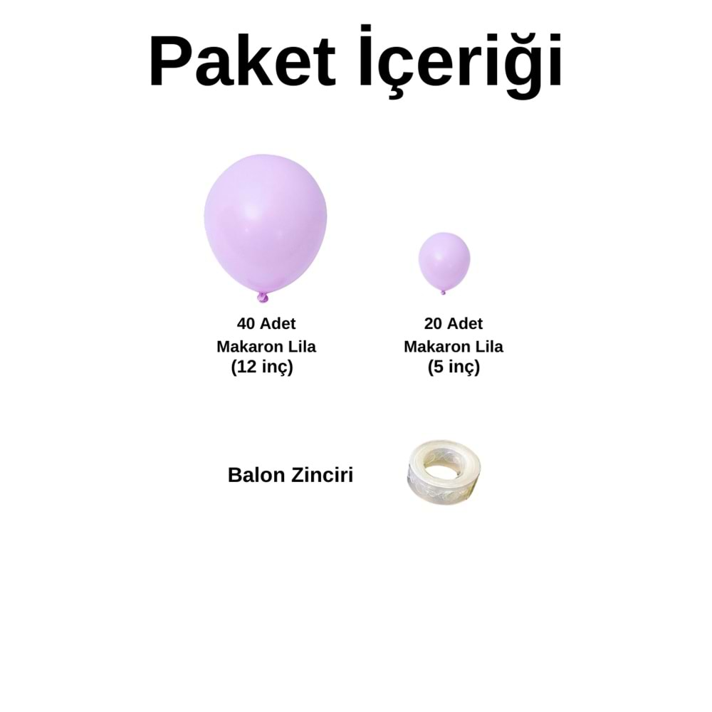 Balon Seti Makaron Lila 60 Lı Balon Zinciri Seti