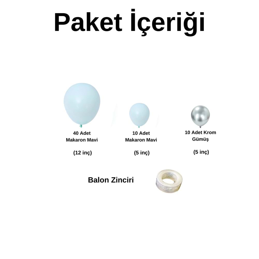 Balon Seti Makaron Mavi - Krom Gümüş 60 Lı Balon Zinciri Seti