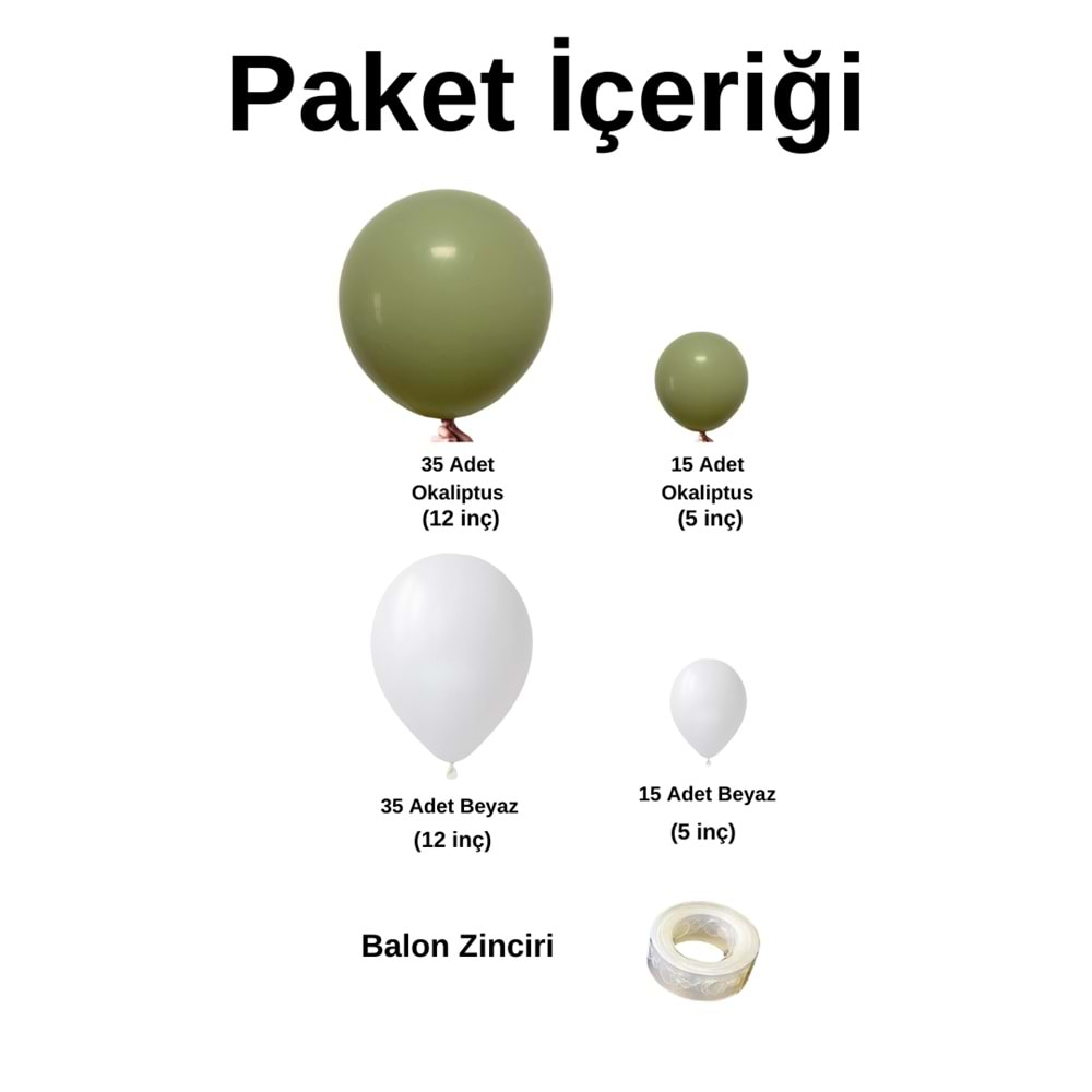 Balon Seti Okaliptus - Pastel Beyaz 100 Lü Balon Zinciri Seti