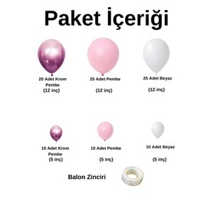 Balon Seti Krom pembe-Pembe-Beyaz 100 Lü Balon Zinciri Seti