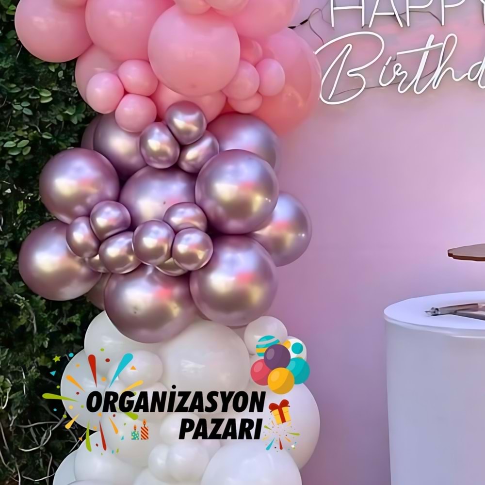 Balon Seti Krom pembe-Pembe-Beyaz 100 Lü Balon Zinciri Seti