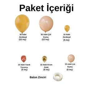 Balon Seti Krom Gold-Yanık Turuncu-Zerdeçal-Çöl Kumu 100 Lü Balon Zinciri Seti