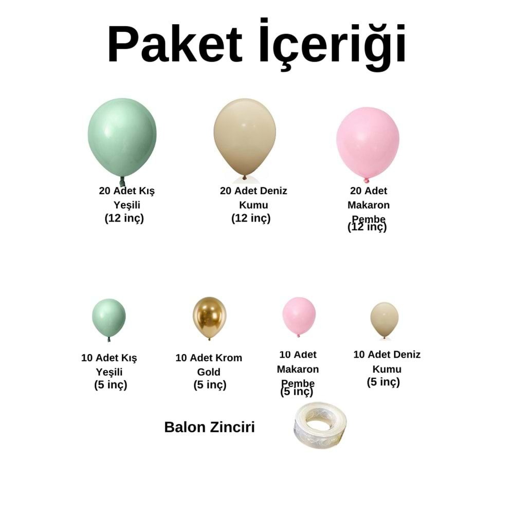 Balon Seti Krom Gold-Kış Yeşili-Makaron Pembe-Deniz Kumu 100 Lü Balon Zinciri Seti