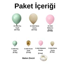 Balon Seti Krom Gold-Kış Yeşili-Makaron Pembe-Deniz Kumu 60 Lı Balon Zinciri Seti