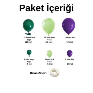 Balon Seti Koyu Yeşil-Açık Yeşil-Mor 60 Lı Balon Zinciri Seti