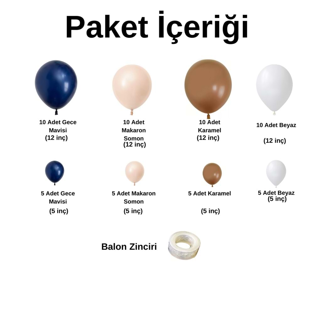 Balon Seti Gece Mavisi-Beyaz-Karamel-Makaron-Somon 60 Lı Balon Zinciri Seti